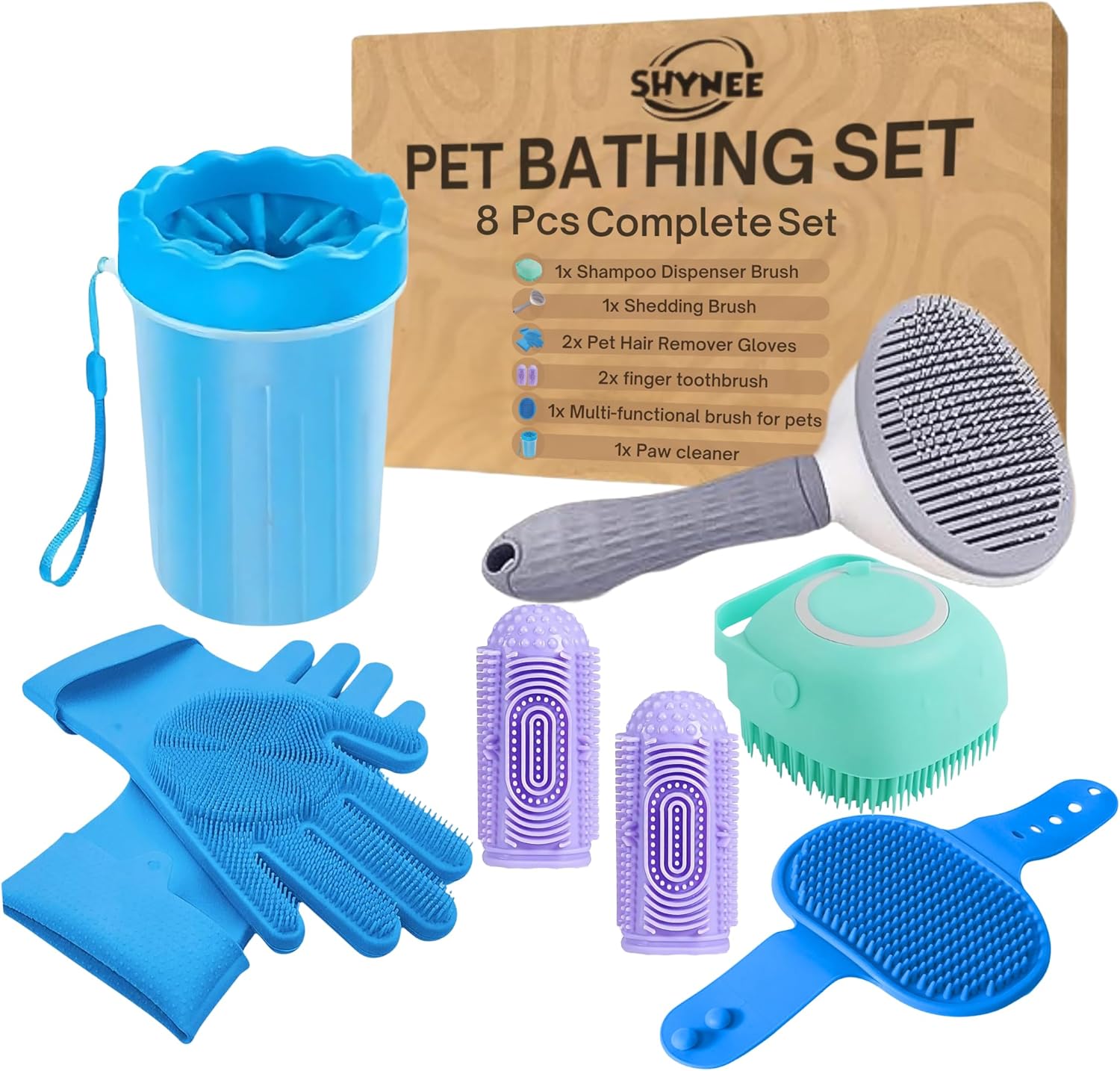 8Pcs Dog Grooming Kit - Dog Shampoo Brush | Washing Gloves | Adjustable Dog Bath Brush | DOG Paw Cleaner | 2X 360 Toothbrush | Scrubber with Handle for Bath & Massage - a Complete Pet Grooming Kit