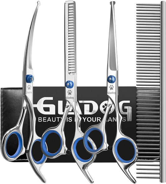 Professional 5 in 1 Grooming Scissors Set with Safety round Tips, Sharp and Heavy-Duty Pet Grooming Shears