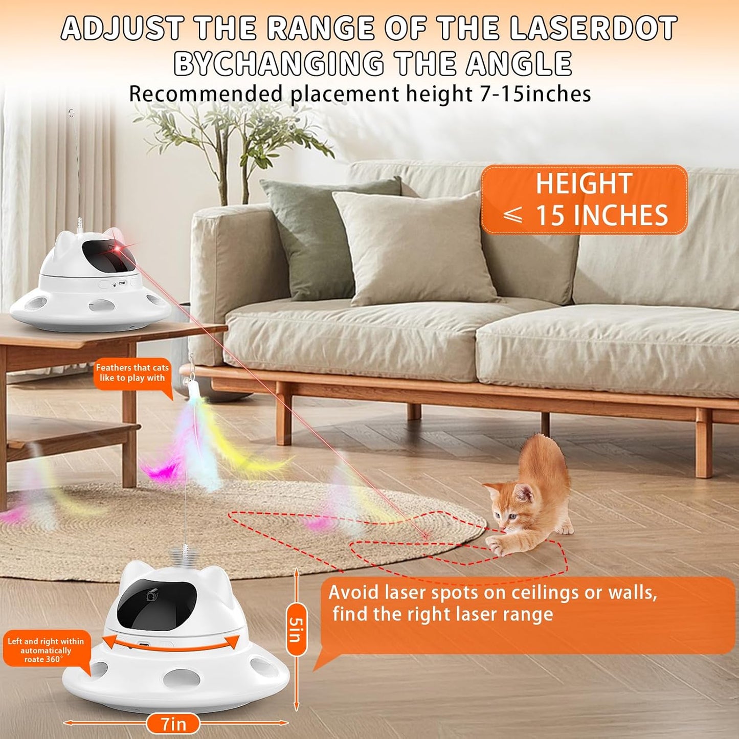 Cat Laser Toy,3-In-1Interactive Cat Toy Automatic Cat Toy with 360° Random Laser & Interactive Feather - 5 Laser Patterns, USB Rechargeable Motion Activated