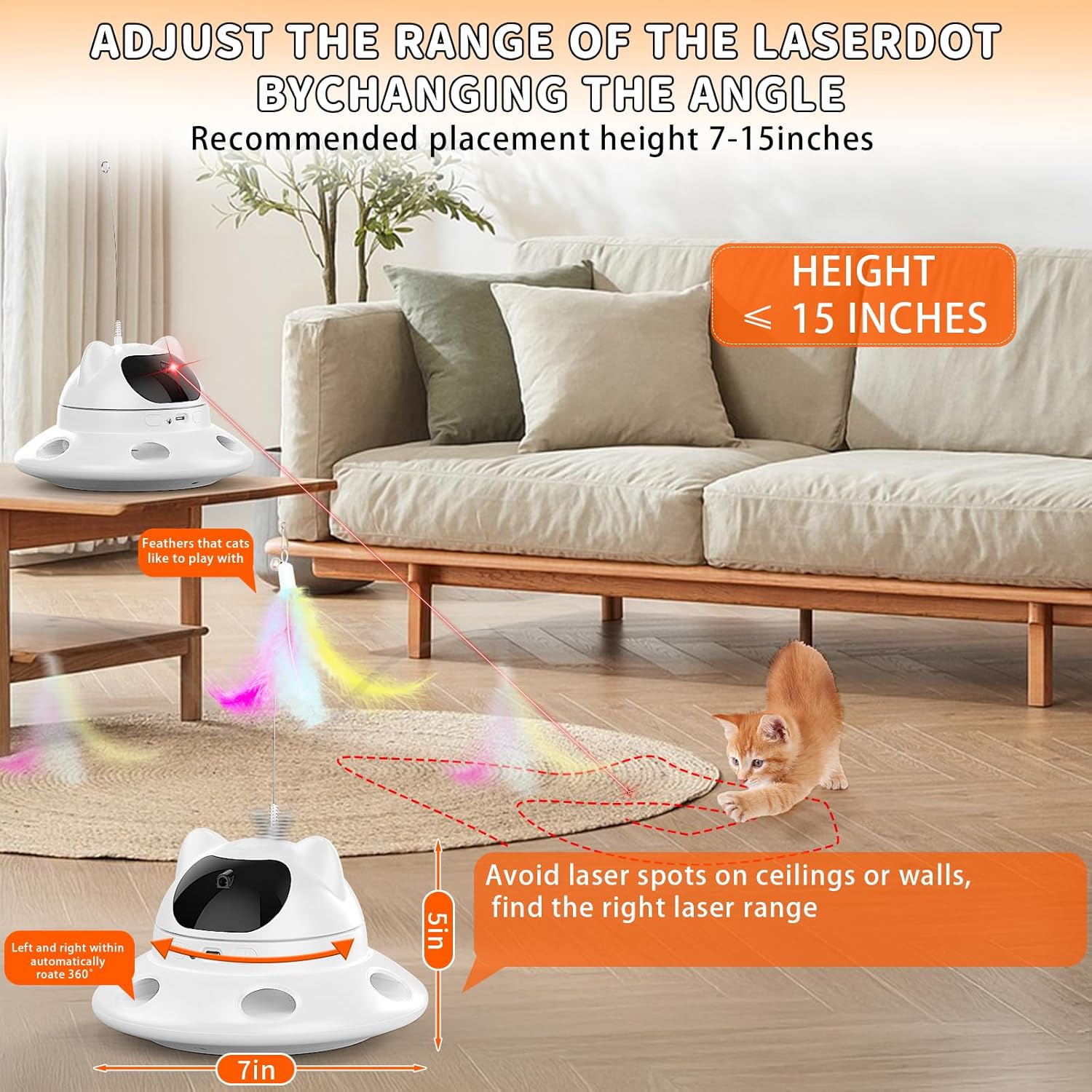 Cat Laser Toy,3-In-1Interactive Cat Toy Automatic Cat Toy with 360° Random Laser & Interactive Feather - 5 Laser Patterns, USB Rechargeable Motion Activated