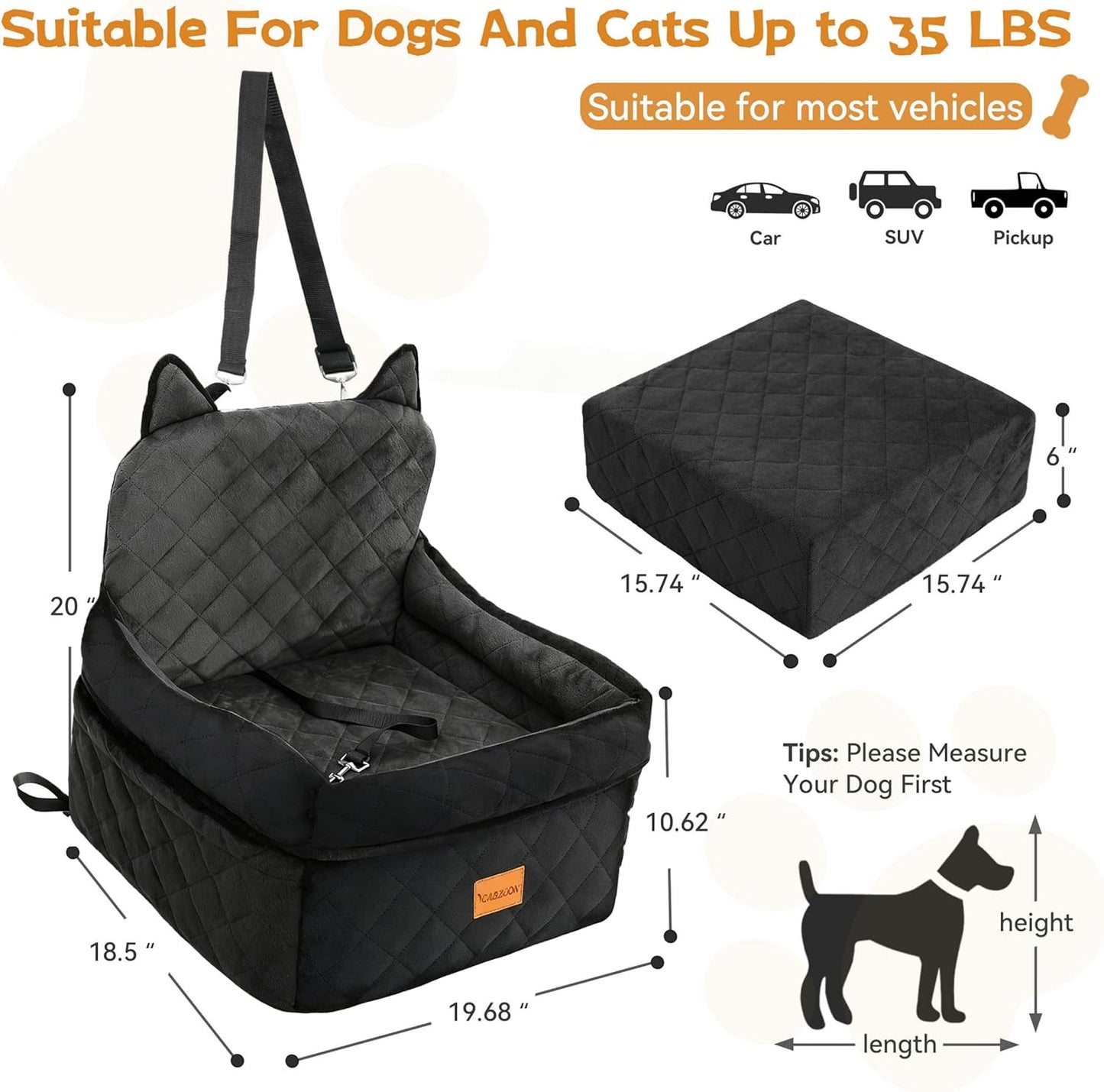 Dog Car Seat for Small/Medium Dogs up to 35Lbs,Elevated Cushion Fits in Front/Back Seat