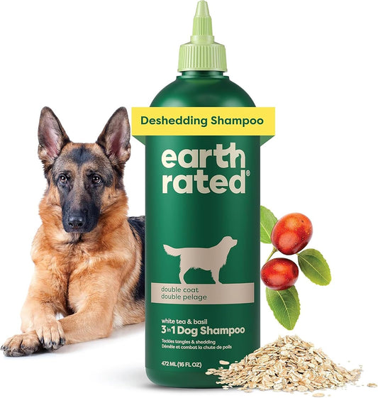 3-In-1 Deshedding Dog Shampoo and Conditioner, Deodorizing Oatmeal Shampoos for Dogs and Puppies, Great for Smelly Pets, White Tea and Basil Scent, 16 Oz