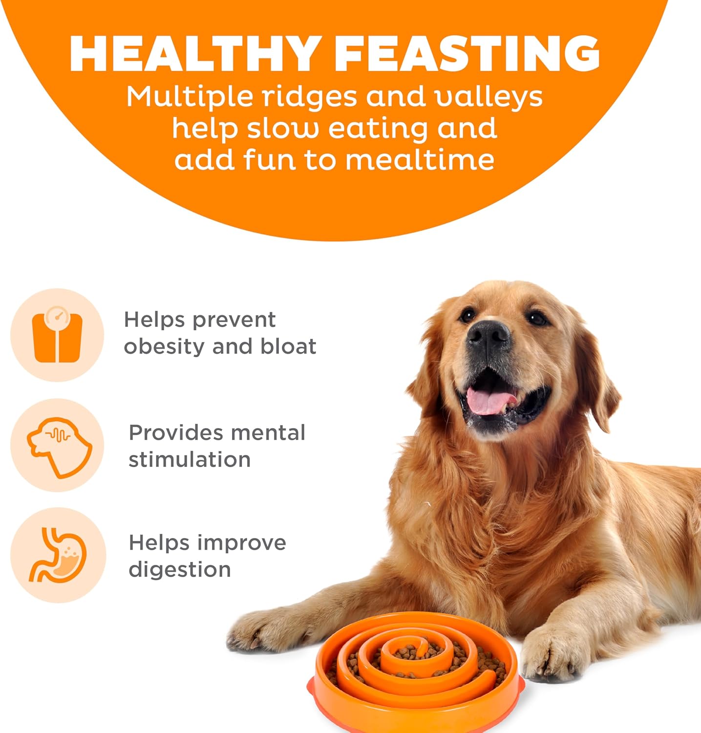 Large Slow Feeder Bowl, Puzzle Maze for Fast Eaters, Medium to Large Dogs, Helps Prevent Bloat & Aid Digestion, Holds 4 Cups Wet or Dry Food, Non-Slip, Made without BPA, Orange