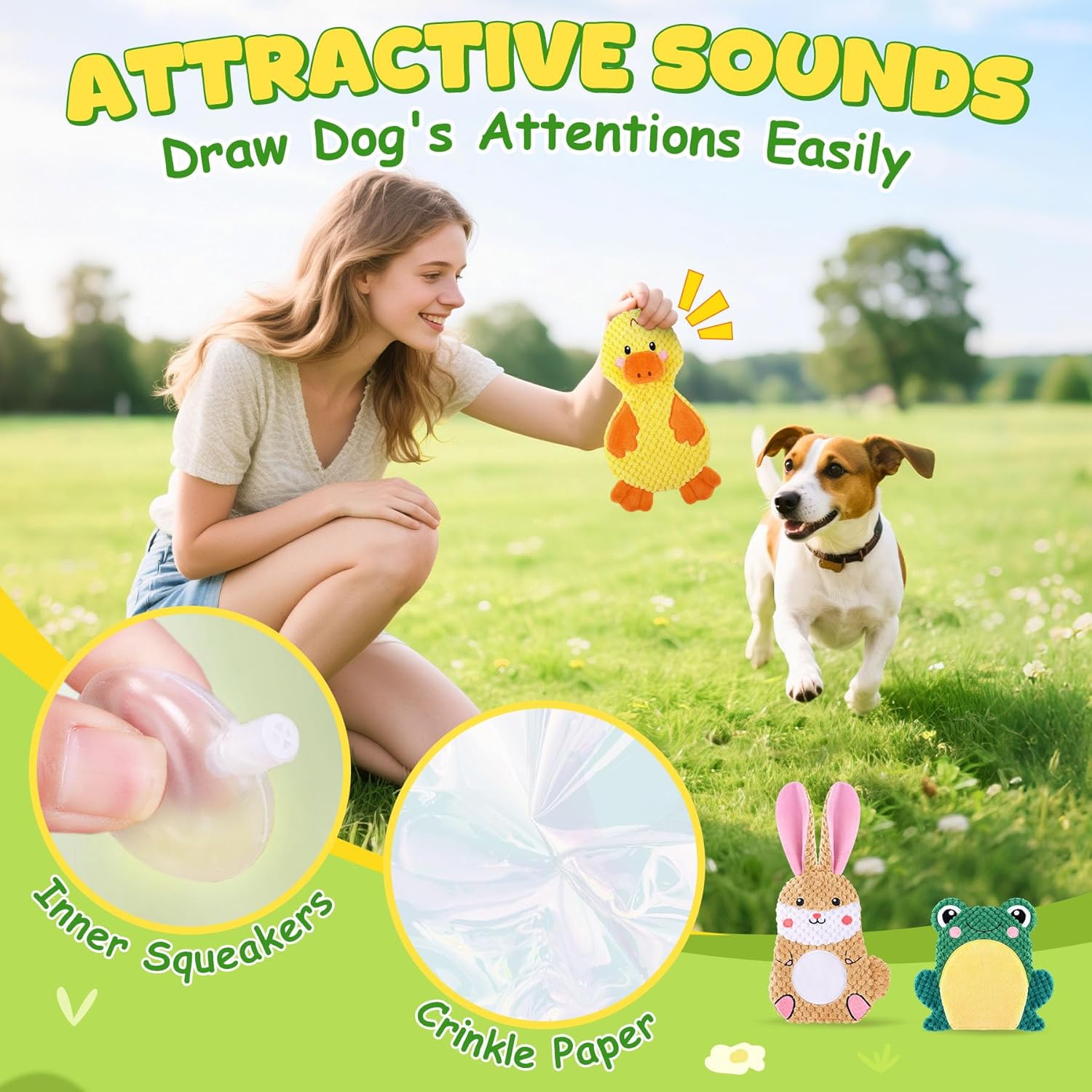3 Pack No Stuffing Interactive Dog Toys with Crinkle, Squeaky Chew Toys for Small, Medium Dogs