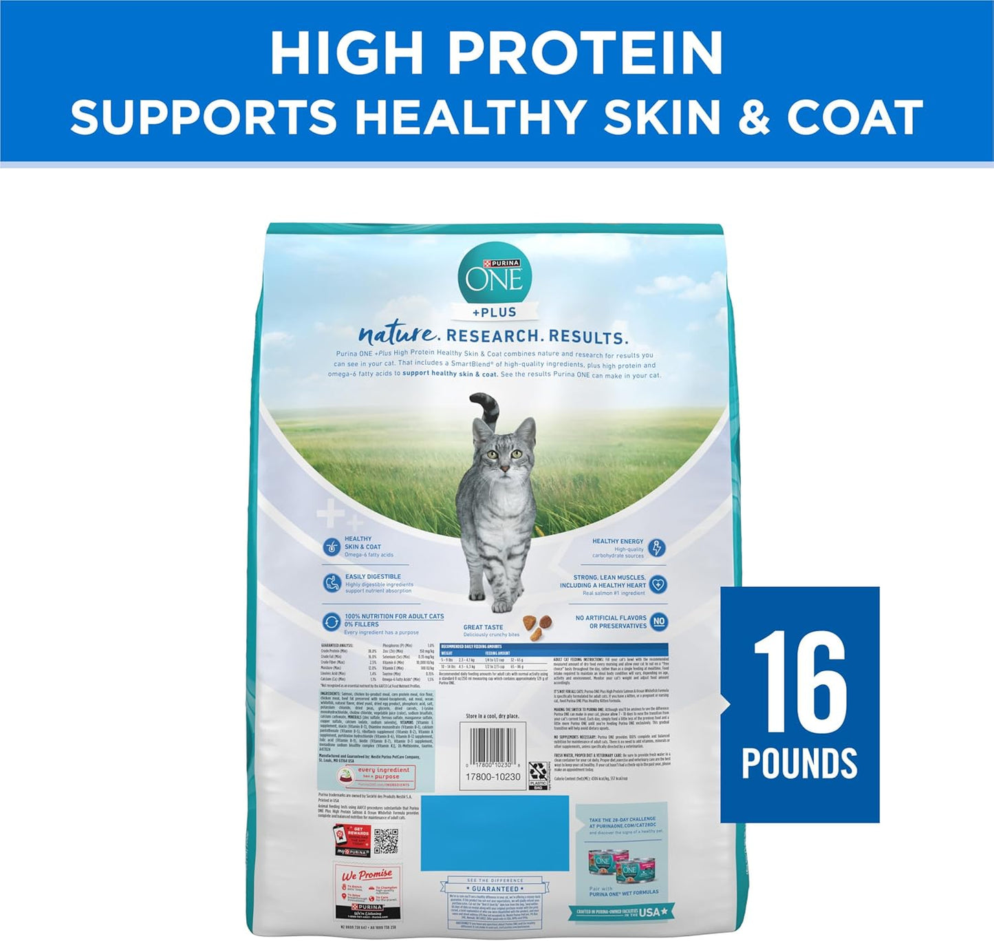 plus High Protein Cat Food Dry Salmon and Ocean Whitefish Cat Skin and Coat Health Formula - 16 Lb. Bag