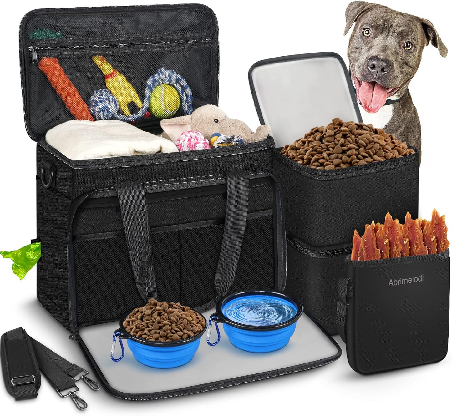 6 Set Dog Travel Bag, Large Pet Travel Kit for Supplies Includes 2 Food Containers, 1 Travel Organizer for Dogs, 2 Collapsible Bowls, 1 Treat Pouch, Dog Weekend Overnight Travel Bag Luggage