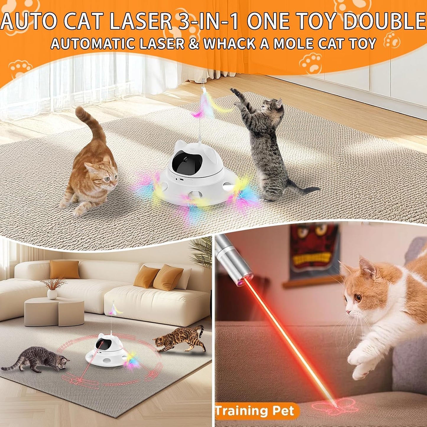 Cat Laser Toy,3-In-1Interactive Cat Toy Automatic Cat Toy with 360° Random Laser & Interactive Feather - 5 Laser Patterns, USB Rechargeable Motion Activated