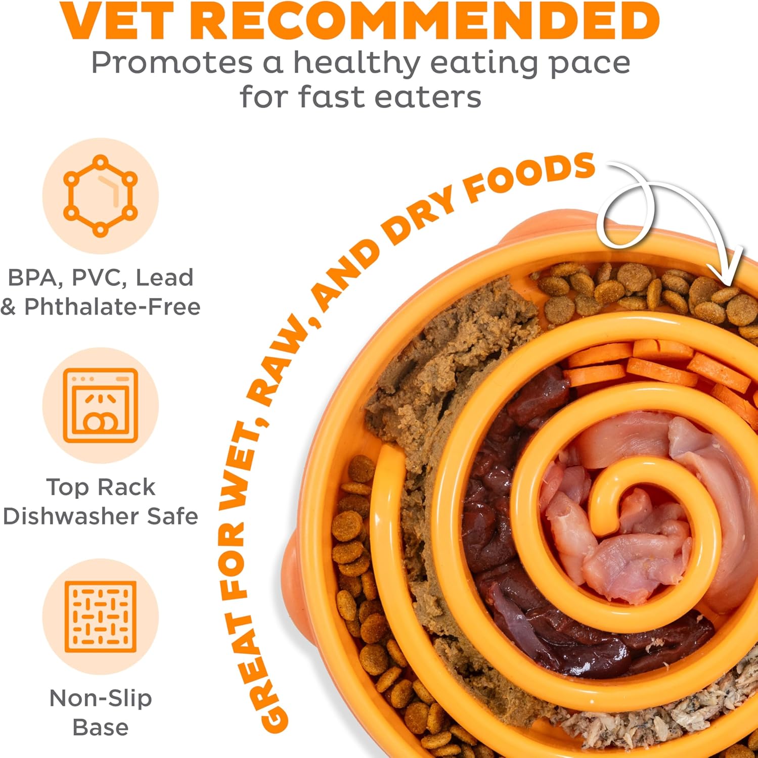Large Slow Feeder Bowl, Puzzle Maze for Fast Eaters, Medium to Large Dogs, Helps Prevent Bloat & Aid Digestion, Holds 4 Cups Wet or Dry Food, Non-Slip, Made without BPA, Orange