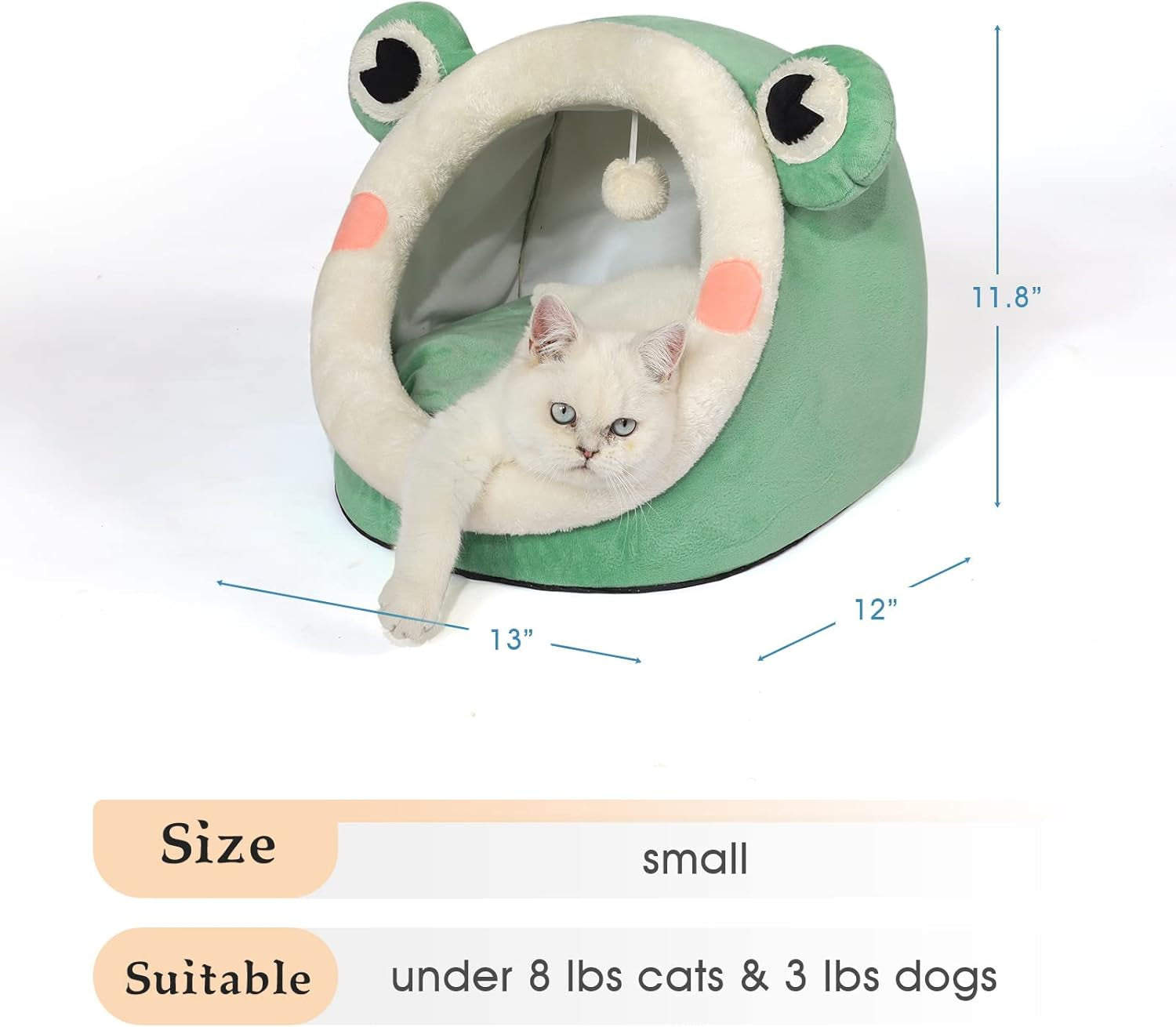 Cute Cat Bed, Indoor Lovely Velvet Igloo for Cat, Warm Cave Sleeping Nest Bed for Puppy and Kitten, Green Frog, S