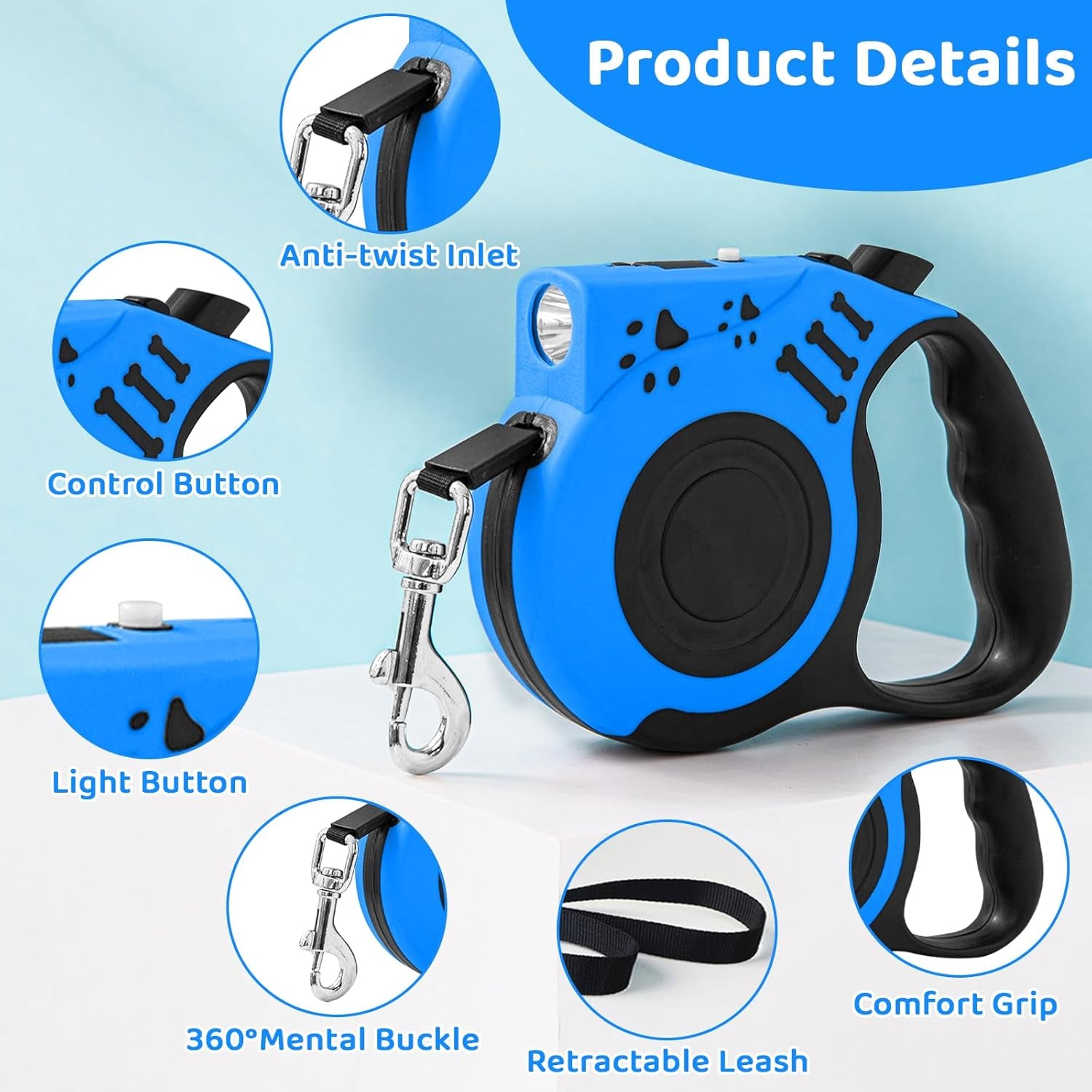 Retractable Dog Leash with USB Rechargeable Flashlight for Night Walks, 16FT Automatic Telescopic Tractor Dog Leash for Small and Medium Dogs, Blue