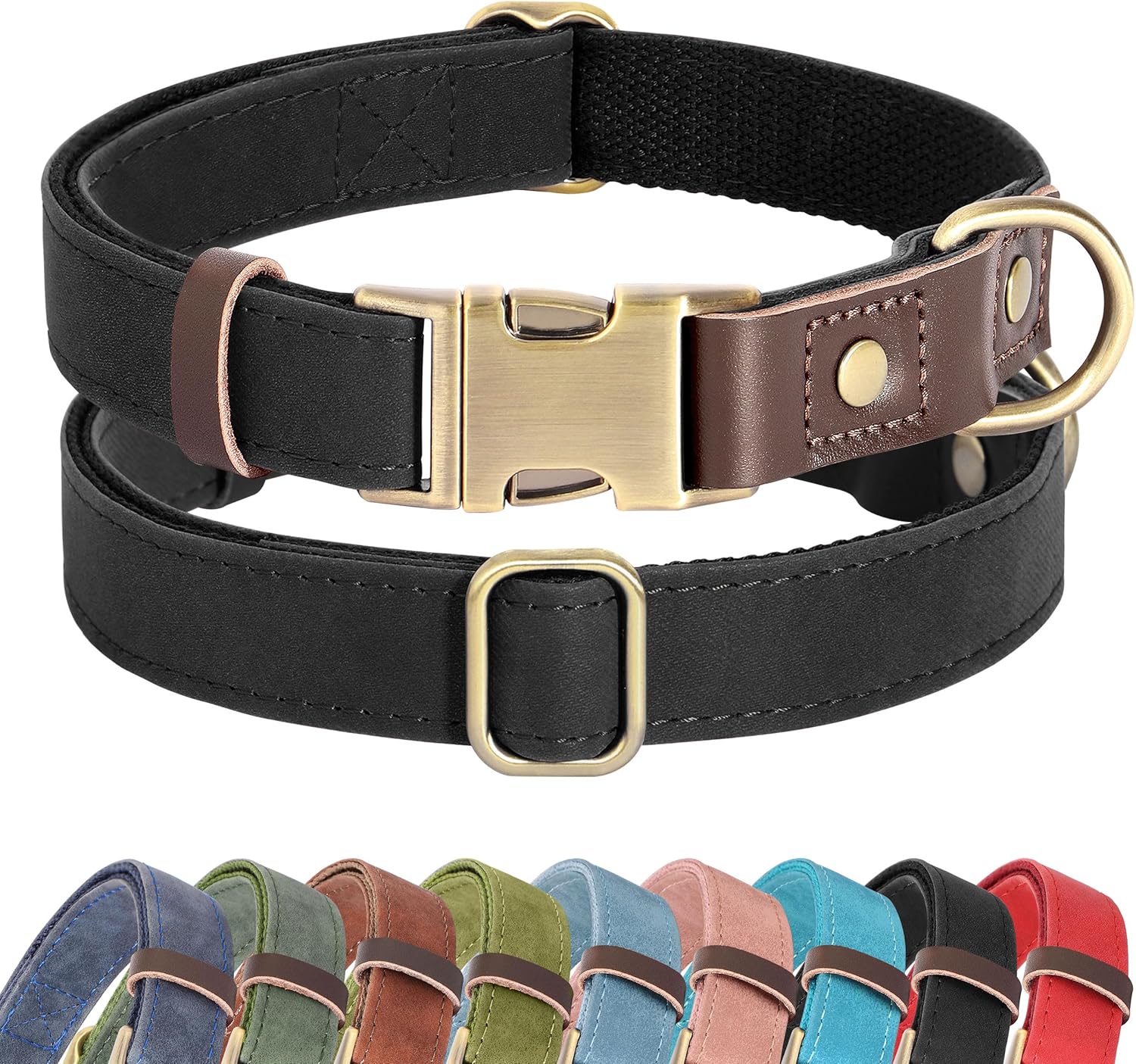 Soft PU Leather Dog Collars for Medium Dogs,Classic Adjustable Dog Collars with Quick Release Metal Buckle,Easy Clean and Comfortable with Nylon Lining,Green,M Neck 13-19"