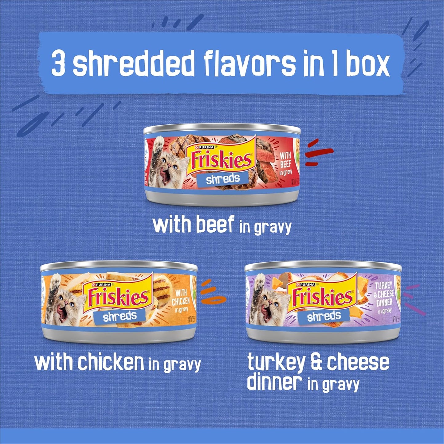 Purina  Gravy Wet Cat Food Variety Pack, Shreds with Beef, with Chicken, and Turkey and Cheese Dinner - (Pack of 24) 5.5 Oz. Cans