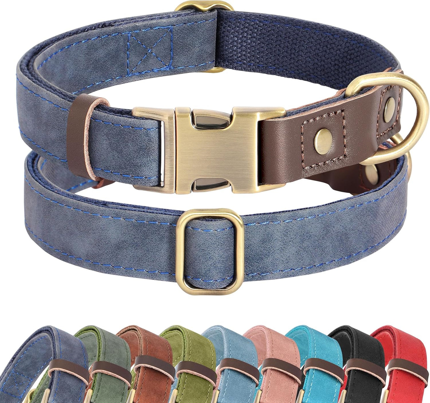 Soft PU Leather Dog Collars for Medium Dogs,Classic Adjustable Dog Collars with Quick Release Metal Buckle,Easy Clean and Comfortable with Nylon Lining,Green,M Neck 13-19"
