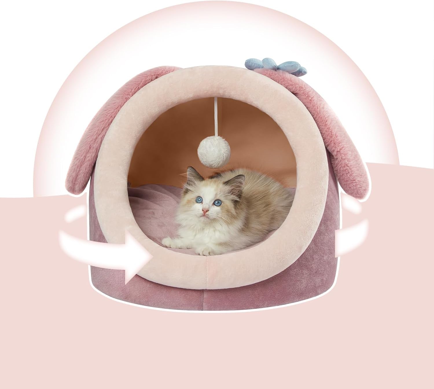 Cute Cat Bed for Indoor, Cats Warm Soft Cave Fit for Cat up to 16 Lb and Puppy, Pink Rabbit, M