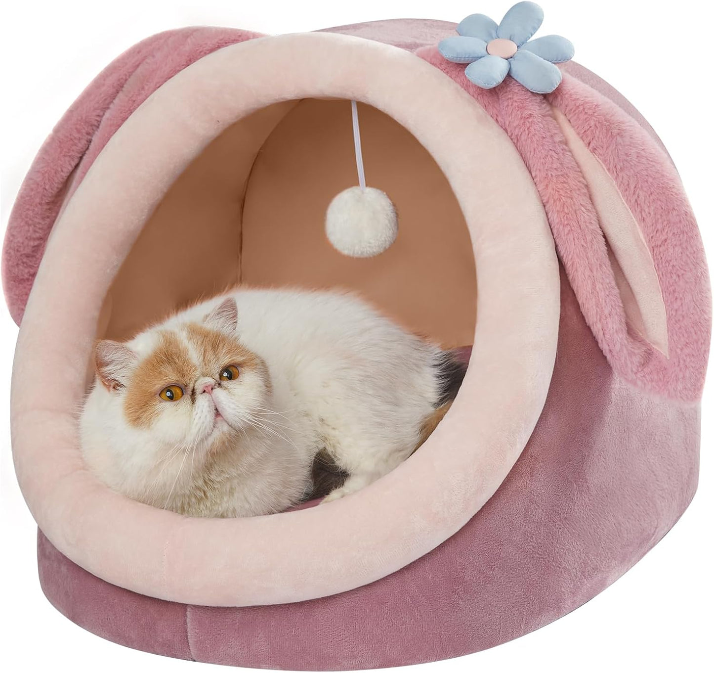 Cute Cat Bed for Indoor, Cats Warm Soft Cave Fit for Cat up to 16 Lb and Puppy, Pink Rabbit, M