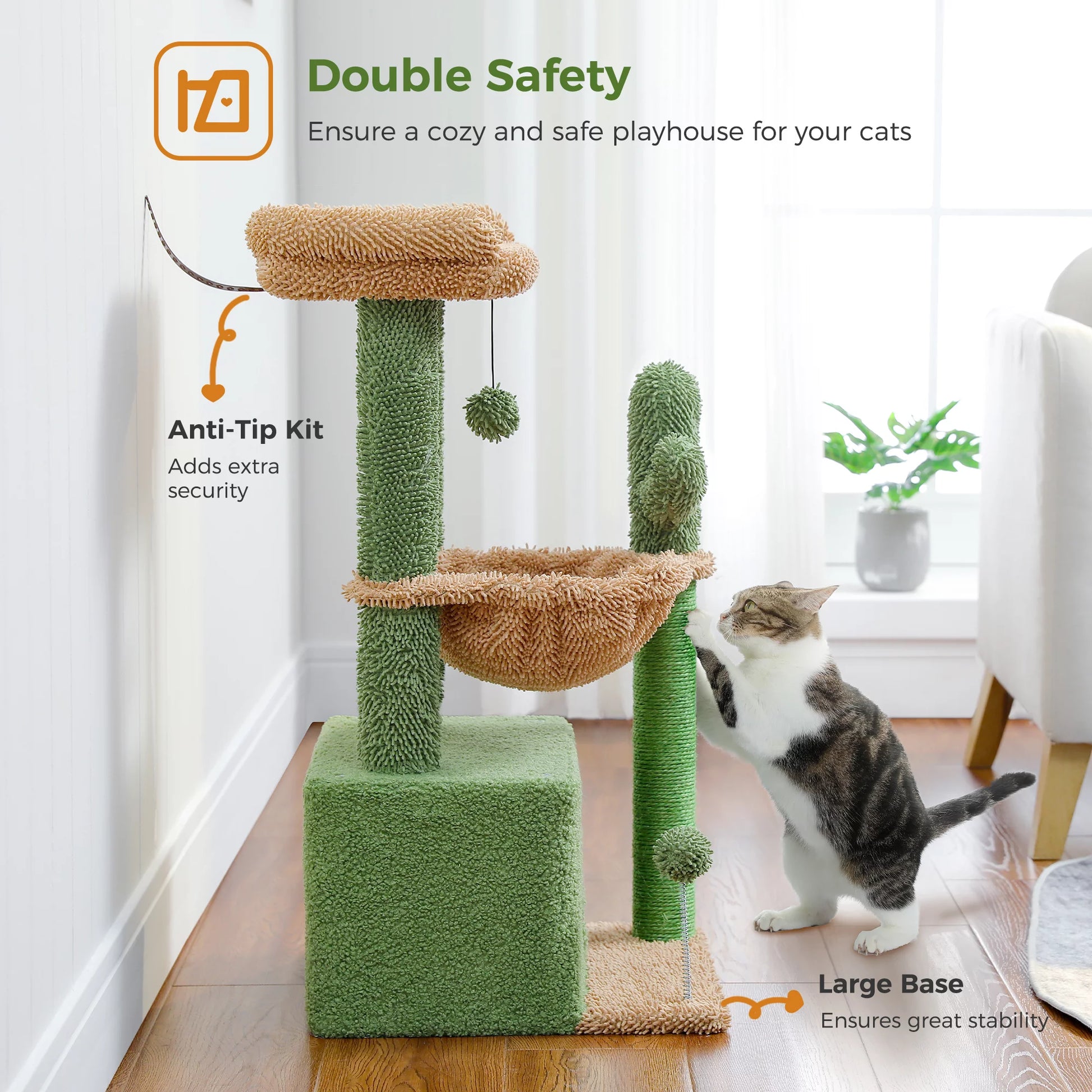 33" Cute Cactus Cat Tree with Scratching Post, Perch, & Hammock