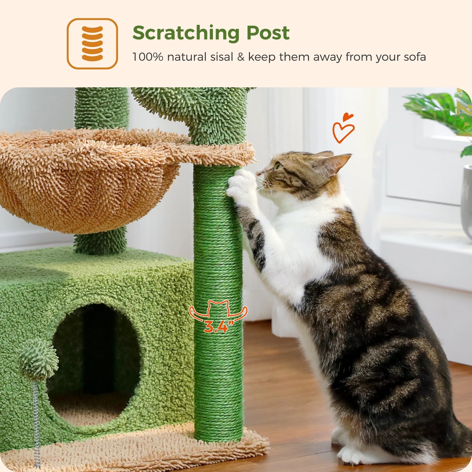 33" Cute Cactus Cat Tree with Scratching Post, Perch, & Hammock