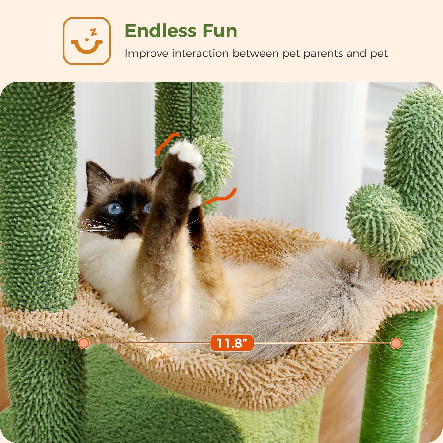 33" Cute Cactus Cat Tree with Scratching Post, Perch, & Hammock
