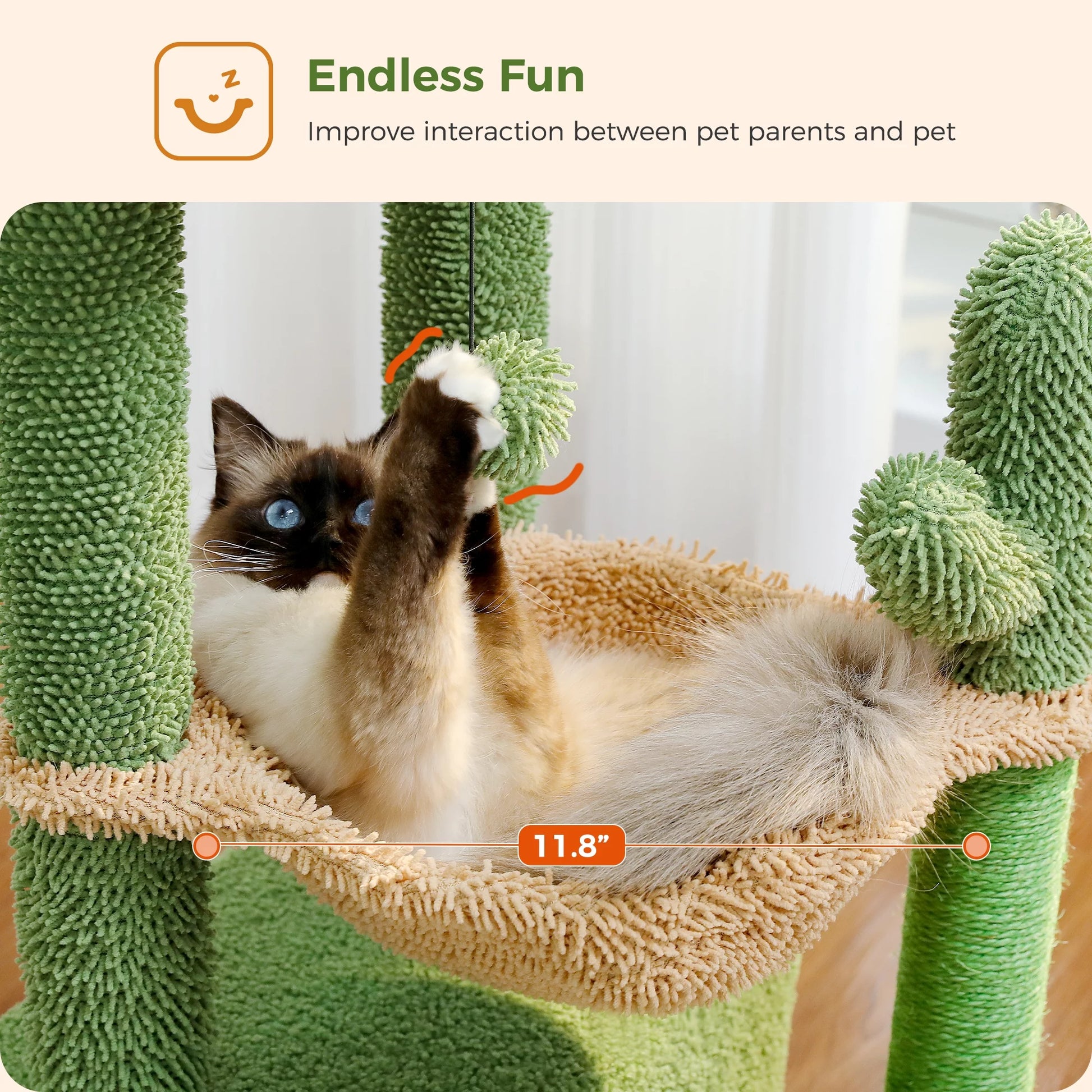33" Cute Cactus Cat Tree with Scratching Post, Perch, & Hammock