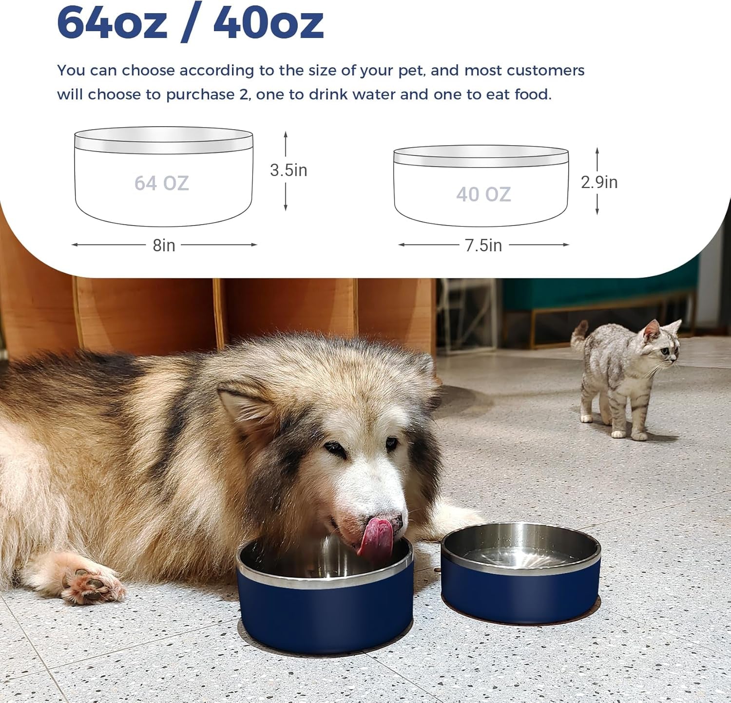 Dog Bowl, Stainless Steel Dog Food and Water Bowl with Non Slip Quiet Bottom, Easy to Clean, Dishwasher Safe, 40Oz, Blue