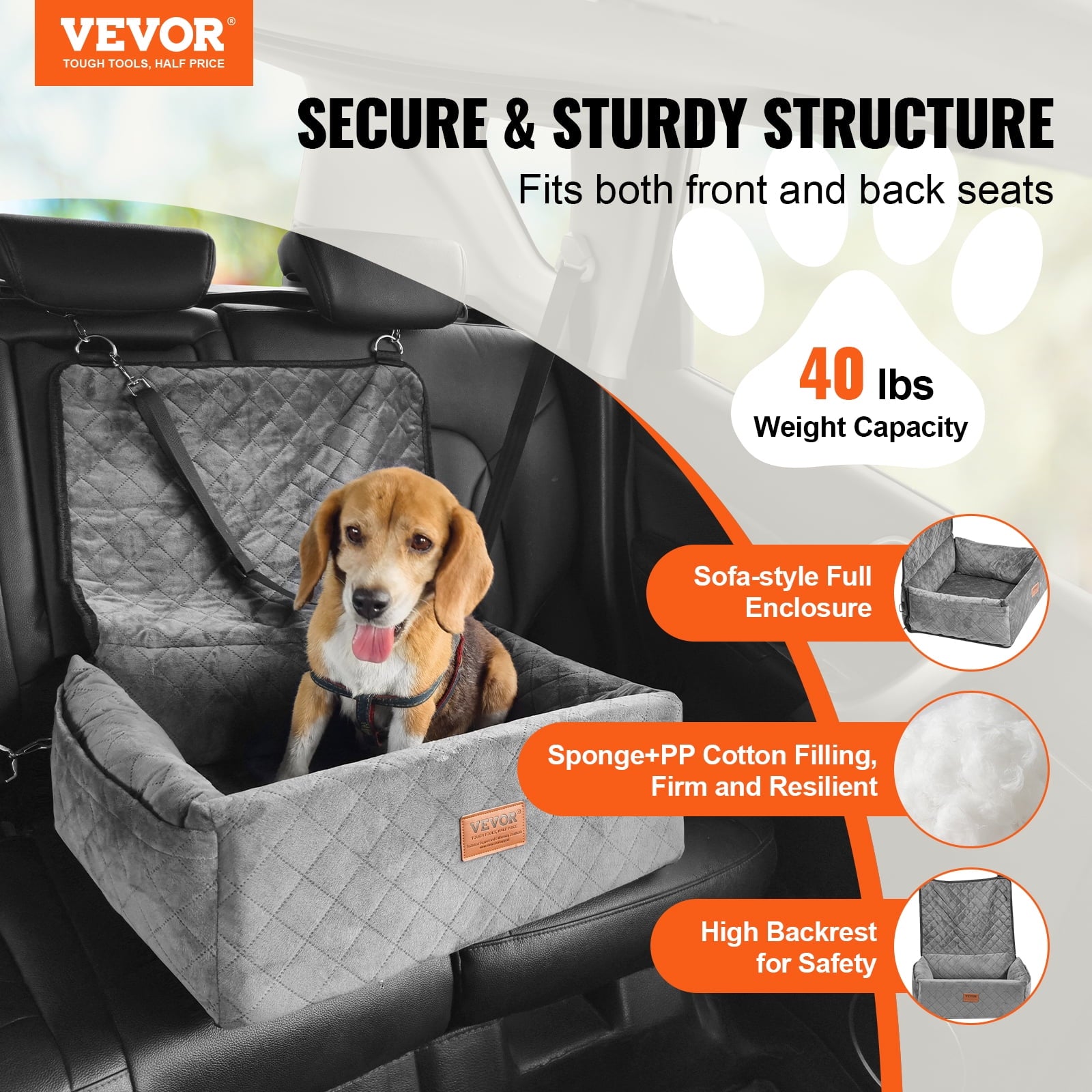 Dog Car Seat, Dog Booster Seat for Car with a Storage Pocket, Clip-On Safety Leash, Sponge and PP Cotton Filling, Dog Car Bed for Small & Medium Dog up to 40Lbs, Gray