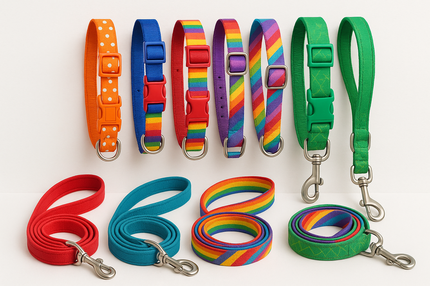 colorful pet collars and leashes