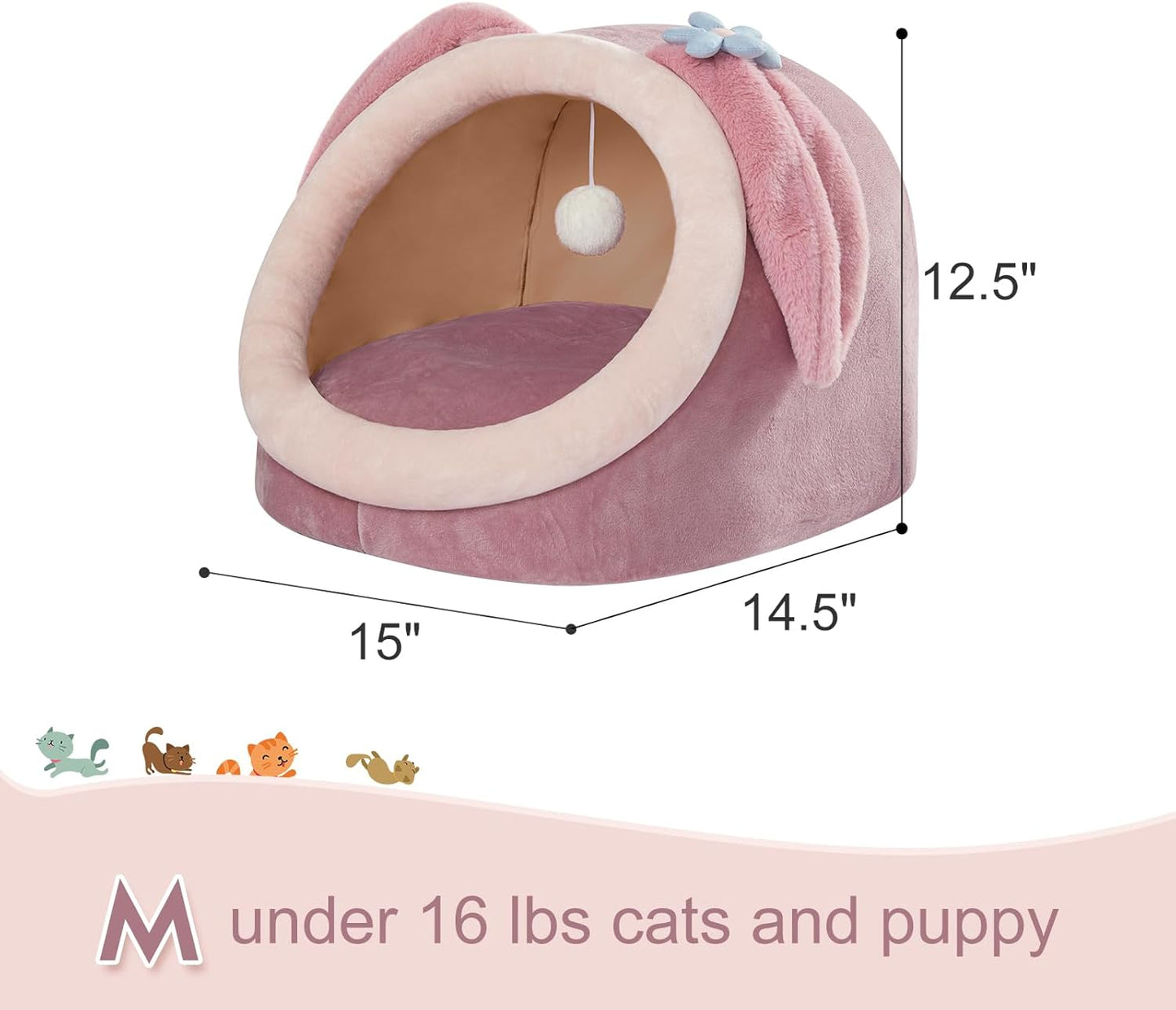 Cute Cat Bed for Indoor, Cats Warm Soft Cave Fit for Cat up to 16 Lb and Puppy, Pink Rabbit, M