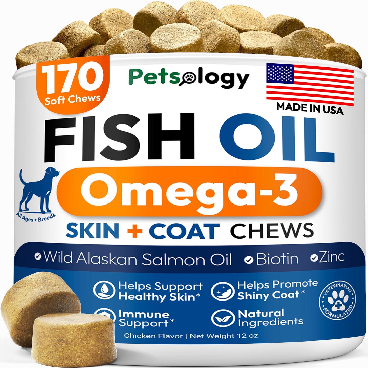 Omega 3 Fish Oil for Dogs 170 Chews Dogs Itchy Skin Allergy Relief Skin Coat