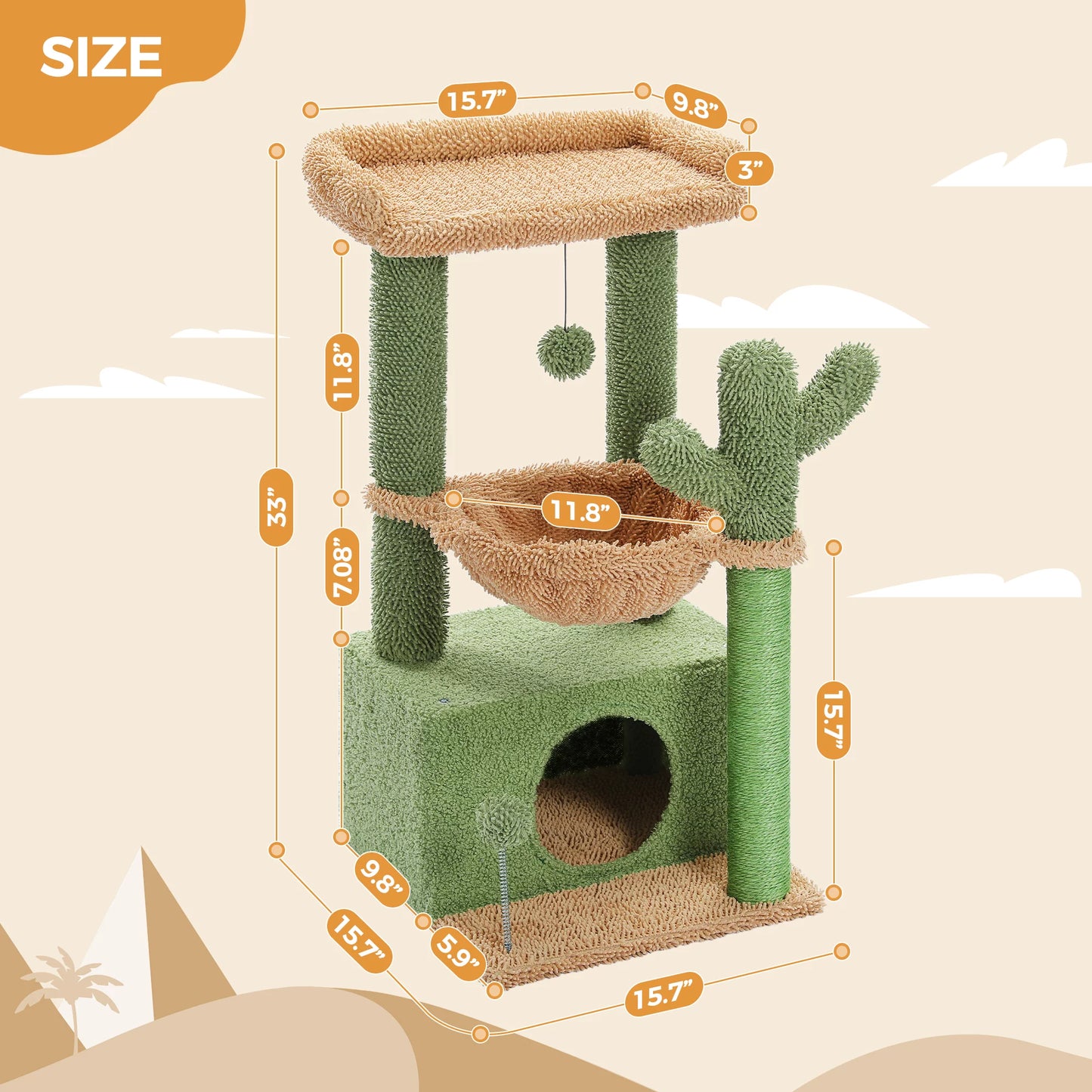 33" Cute Cactus Cat Tree with Scratching Post, Perch, & Hammock