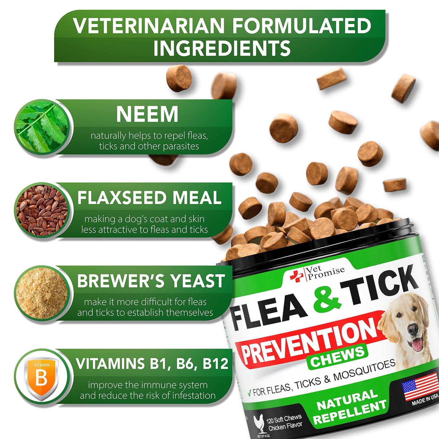 Flea and Tick Prevention for Dogs Chewables All Natural Dog Flea & Tick Control Flea and Tick Chews for Dogs Oral Flea Pills for Dogs Supplement All Breeds and Ages Made in USA 120 Tablets