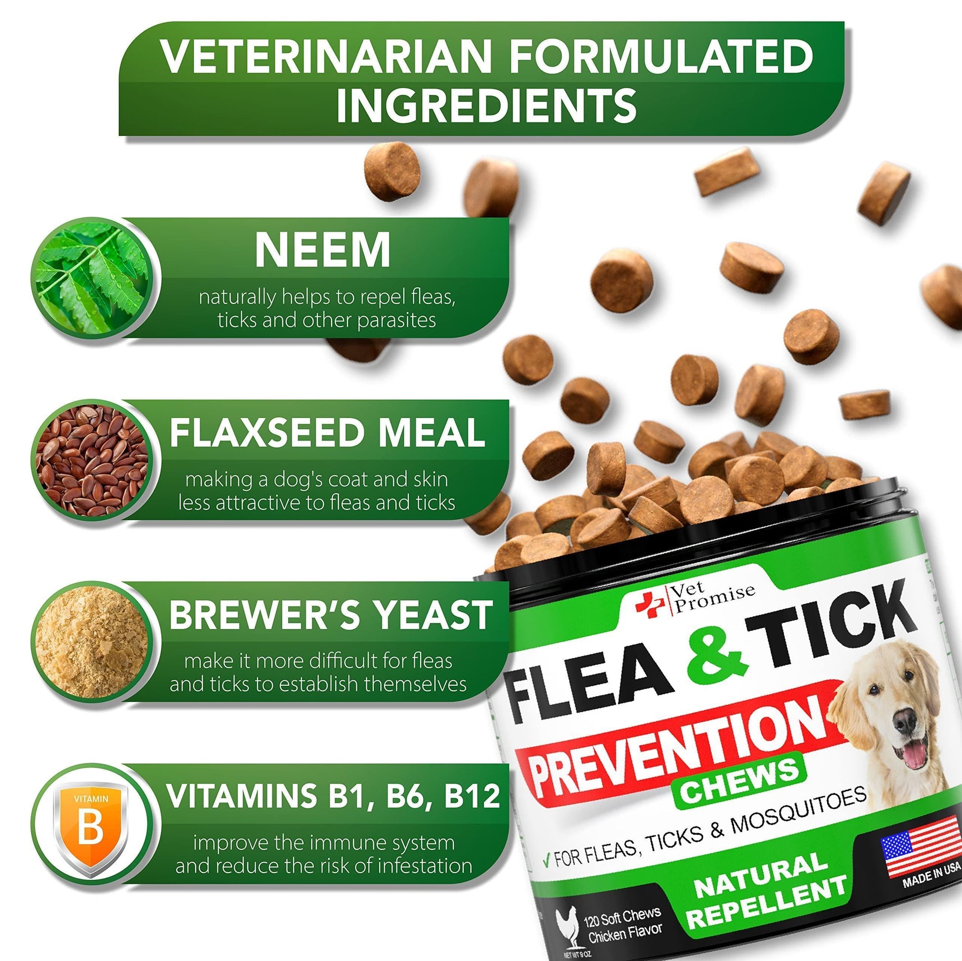 Flea and Tick Prevention for Dogs Chewables All Natural Dog Flea & Tick Control Flea and Tick Chews for Dogs Oral Flea Pills for Dogs Supplement All Breeds and Ages Made in USA 120 Tablets