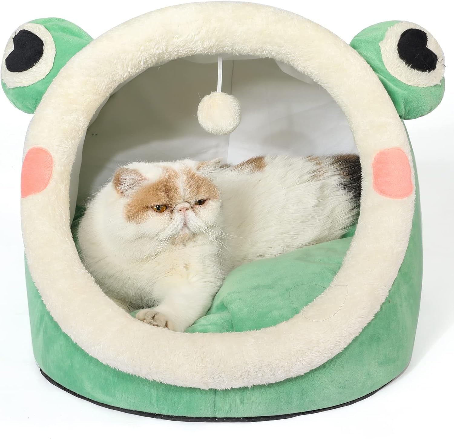 Cute Cat Bed, Indoor Lovely Velvet Igloo for Cat, Warm Cave Sleeping Nest Bed for Puppy and Kitten, Green Frog, S