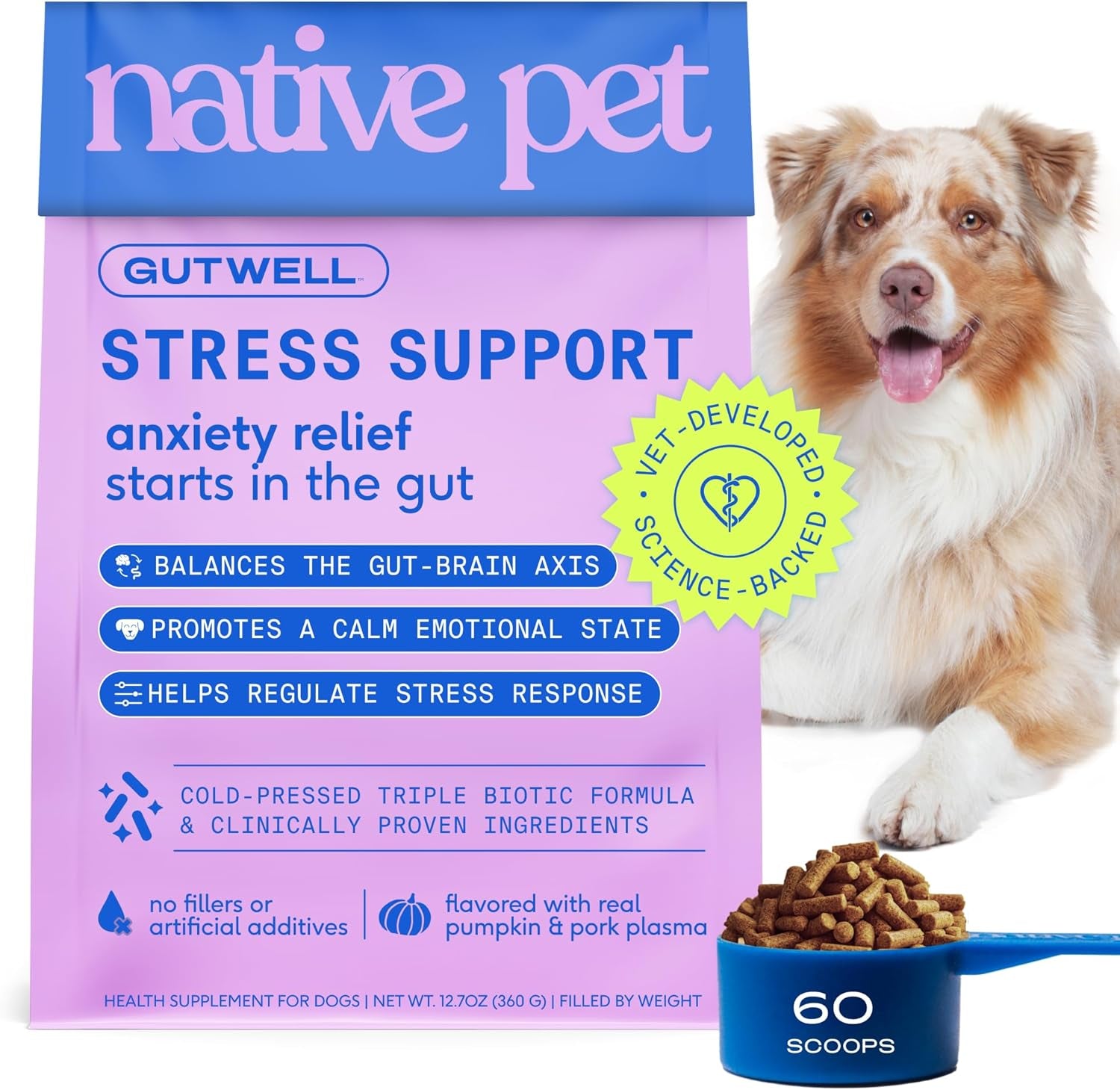 Gutwell Stress Support - Dog Anxiety Relief & Calming Treats - Tasty Food Topper for Dog Stress and Anxiety Relief - 60 Scoops