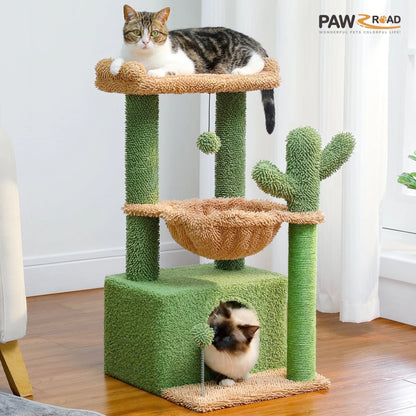 33" Cute Cactus Cat Tree with Scratching Post, Perch, & Hammock