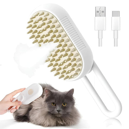 4-in-1 Cat Steam Brush – Self-Cleaning Pet Comb with Steam, Vibration, and Hair Removal for Long & Short Hair Cats and Dogs (Khaki)