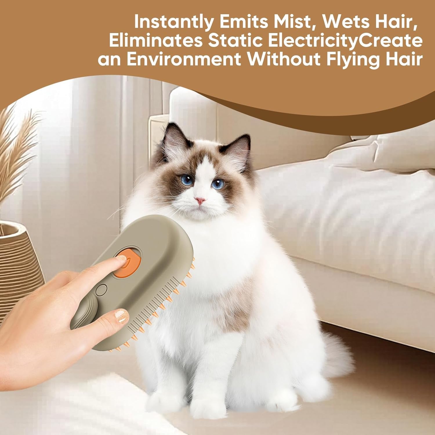 4-in-1 Cat Steam Brush – Self-Cleaning Pet Comb with Steam, Vibration, and Hair Removal for Long & Short Hair Cats and Dogs (Khaki)
