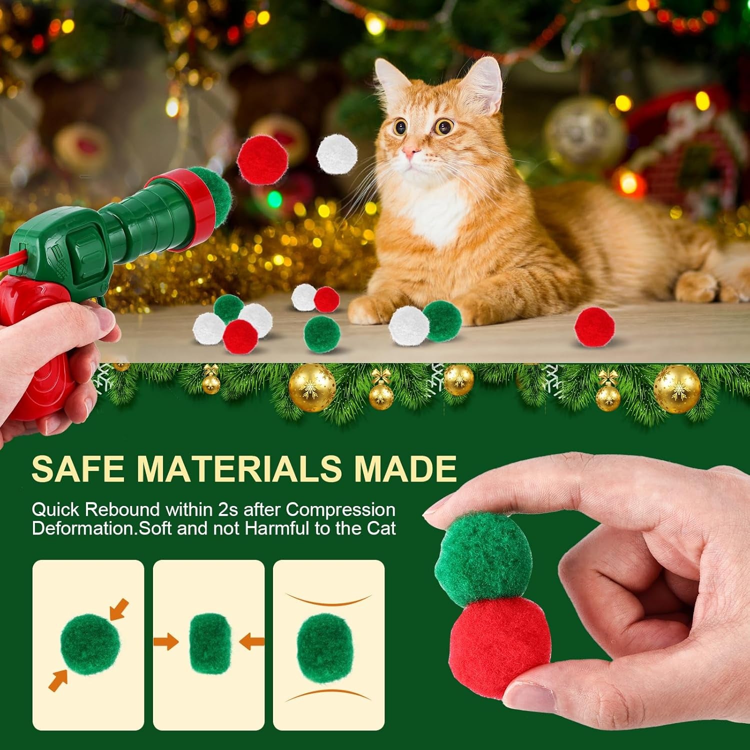 Cat Toy Balls with Launchers Set (2+60), 60 Pom Pom Balls & 2 Ball Launchers, Cat Enrichment Toys, Interactive Cat Toy, Soft & Safe Cat Toys, for Cat