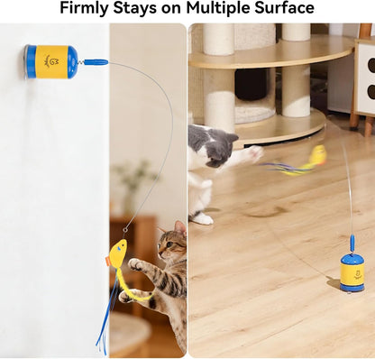 Interactive Automatic Cat Teaser Wand Toy with Strong Suction Cup, 70Cm Flexible Wire & DIY Bending Design, Rechargeable Cat Exercise Toy with Auto Timer for Indoor Cats(Blue)