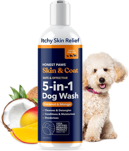 Honest Paws Dog Shampoo and Conditioner - Premium Dog Wash for Allergies and Dry, Itchy, Moisturizing for Sensitive Skin - Sulfate Free, Plant Based, All Natural - Coconut & Mango -16 Fl Oz