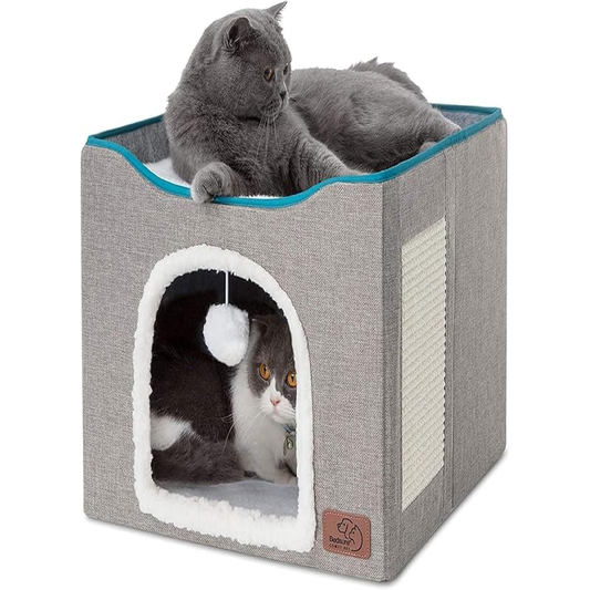 Bedsure Cat Beds for Indoor Cats - Large Cat Cave for Pet Cat House with Fluffy Ball Hanging and Scratch Pad, Foldable Cat Hideaway, 16.5X16.5X13 Inches, Grey