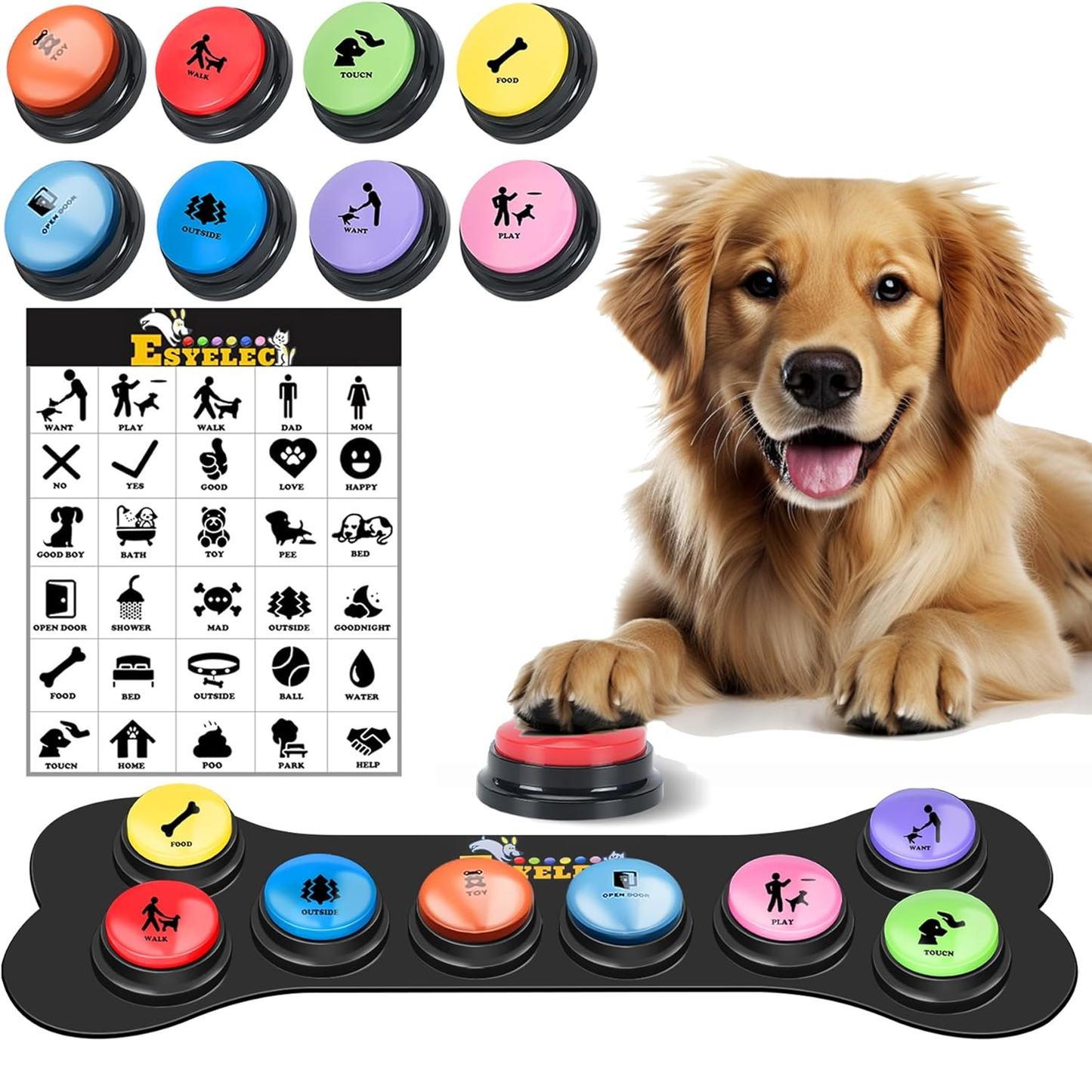 Dog Buttons for Communication Starter Pack 8 Dog Talking Button Set, 30S Voice Recording Speaking Button Pet Speech Training Buzzers with 30 Scene Stickers and Dog Button Mat for Animal Training