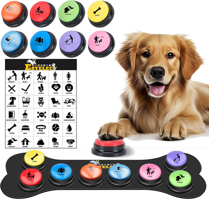 Dog Buttons for Communication Starter Pack 8 Dog Talking Button Set, 30S Voice Recording Speaking Button Pet Speech Training Buzzers with 30 Scene Stickers and Dog Button Mat for Animal Training