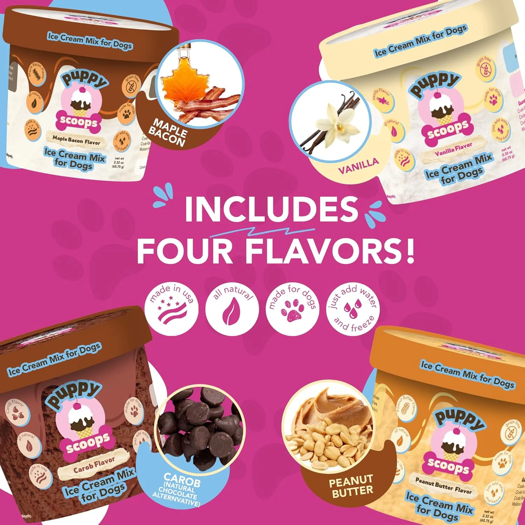 Puppy Scoops Dog Ice Cream Mix - Just Add Water and Freeze, Doggy Ice Cream Mix Packets, Gifts for Dogs, Variety 4 Pack Ice Cream Mix Made in USA