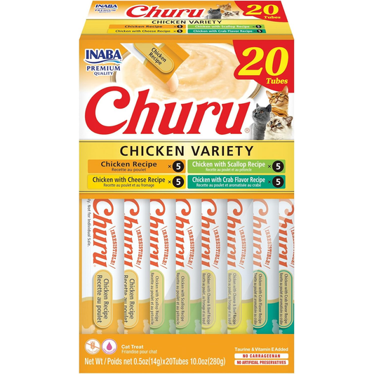 INABA Churu Cat Treats, Lickable, Squeezable Creamy Purée Cat Treat, 20 Tubes, Chicken Variety 