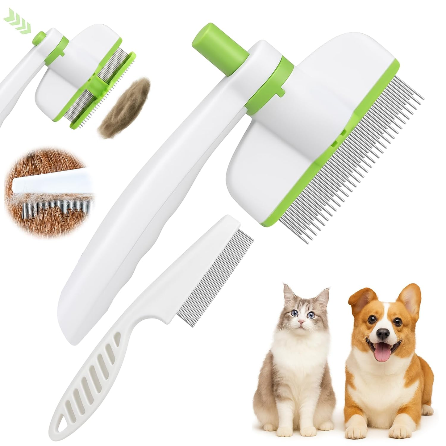 Rotatable Flea Comb for Cats and Dogs, Self Cleaning Pet Flea Comb Grooming Brush for Shedding and Detangling, Fine Tooth Tick Lice Comb for Short & Long Pet Hair Removal Tool,2 Pcs