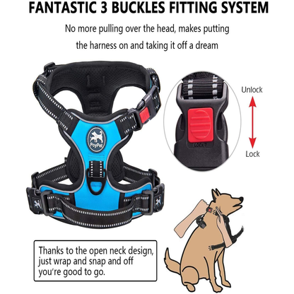 Dog Harness and Leash Combo, Escape Proof No Pull Vest Harness, with 5 Feet Leash, Reflective Adjustable Soft Padded Pet Harness with Handle for Small to Large Dogs(Blue)