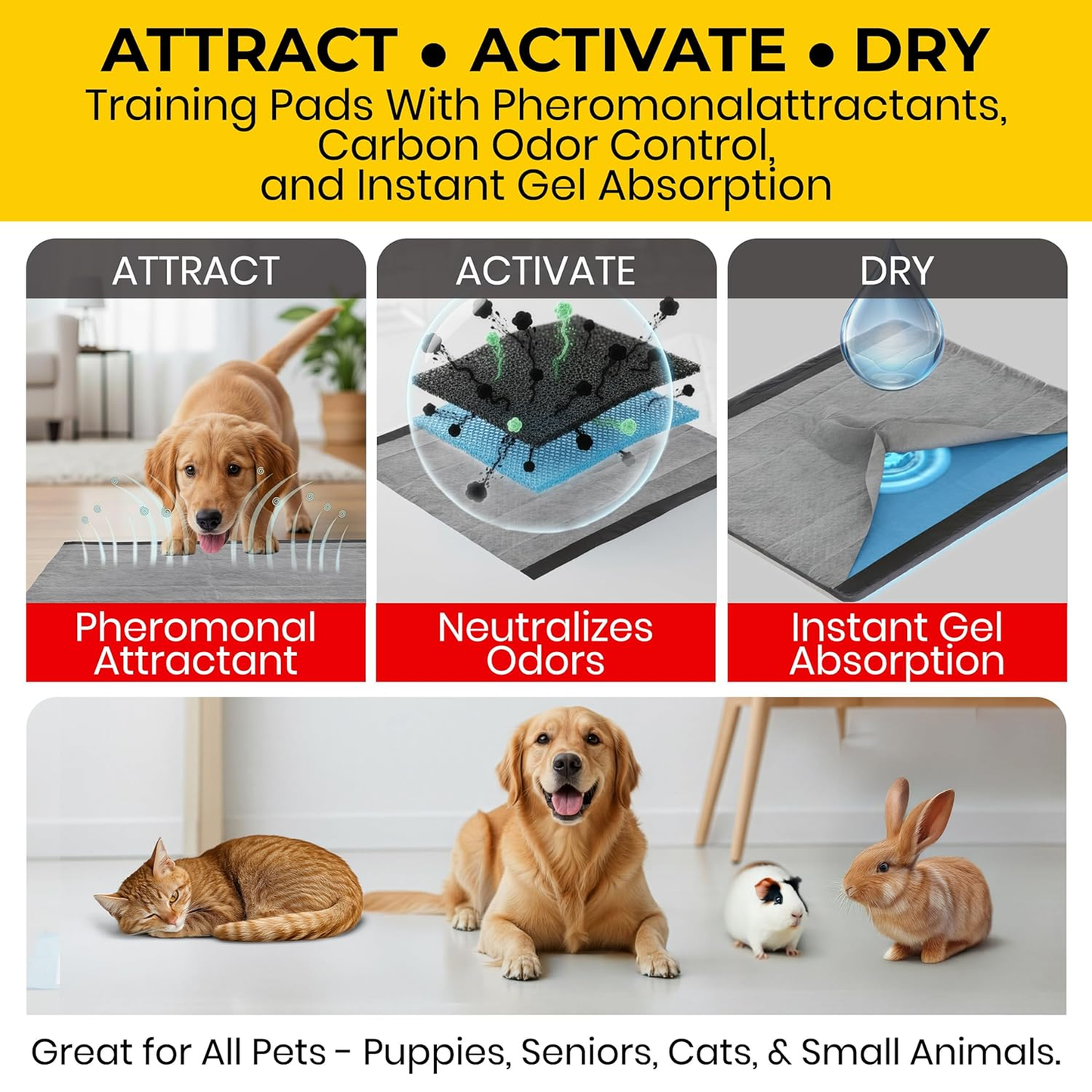 Glad for Pets JUMBOSIZE/XL Charcoal Puppy Pads, Allinone Black Training Pads That ABSORB & Neutralize Urine Instantly New & Improved Quality, 50 Count 