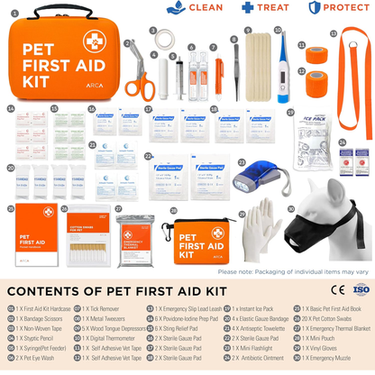 Cat & Dog First Aid Kit for Car - Pet Emergency Kit for Home Office Travel – Dog Camping Essentials with Digital Thermometer, Muzzle & Mini First Aid Pouch