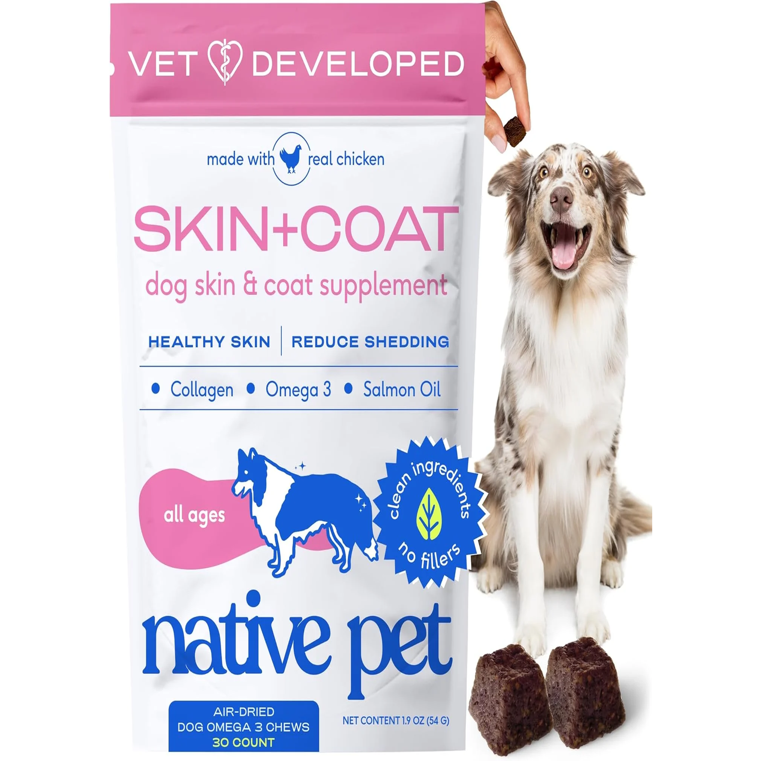 Omega Skin and Coat Chews for Dogs - Dog Skin and Coat Supplement for Healthy, Shiny Fur, Reduce Shedding and Dry Spots - Made with Omega 3 Fish Oil and Wild-Caught Salmon Oil - 30 Chews