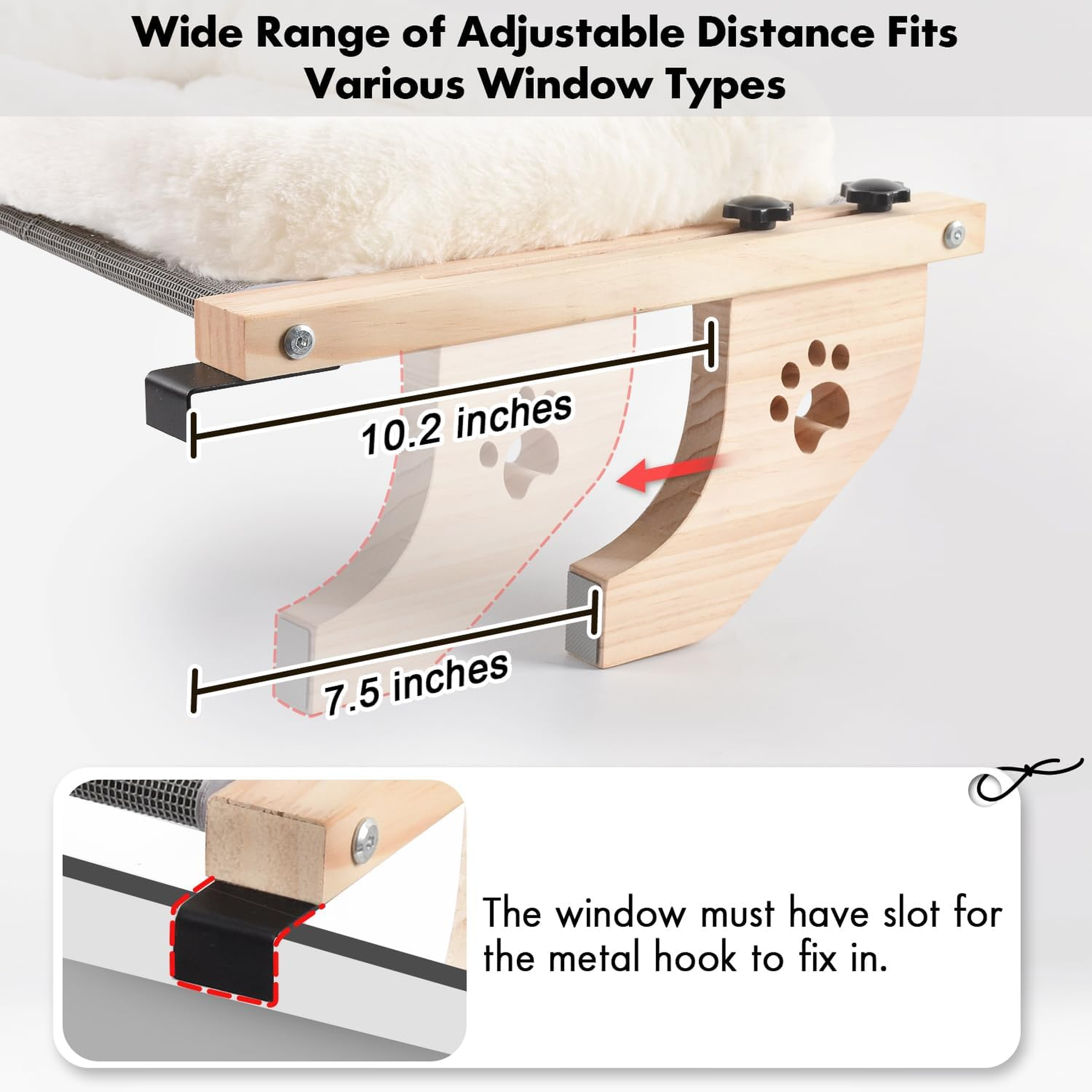 Cat Sill Window Perch Sturdy Hammock Window Seat with Cushion Bed Cover, Wood & Metal Frame for Large Cats, Easy to Adjust Cat Bed for Windowsill